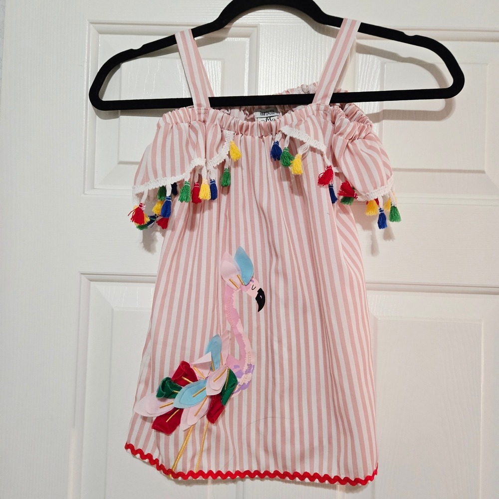 Boutique BMG Kids Girls Pink‎ Stripe Flamingo Tassel Cold Shoulder Dress Size 7Y